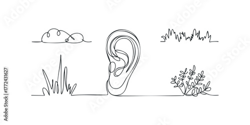 Minimalist continuous line drawing of human ear with nature elements