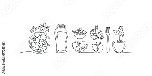 Single Line Drawing of Fruits and Drink Container