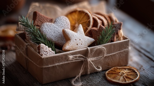 Perfectly arranged holiday cookies in a rustic box with dried fruit and greenery