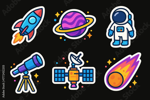 Colorful space stickers rocket, planet, astronaut, telescope, satellite, meteor
