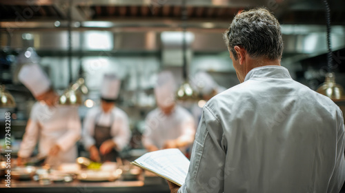 Experienced chef reviewing orders and menus while overseeing a busy professional kitchen with chefs preparing gourmet dishes in a high-end restaurant environment