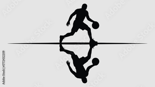 Silhouette of basketball player dribbling with reflection on a white background studio shot art