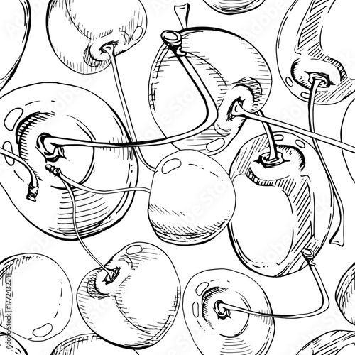 Sweet sour line cherry berries on stems, hand drawn vector ink, scattered ripe cerise drupes. Seamless pattern illustration isolated on white. Restaurant, cafe dessert menu, wedding, farmers market