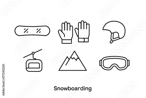 Minimalist winter sports gear icons snowboarding essentials in linear style