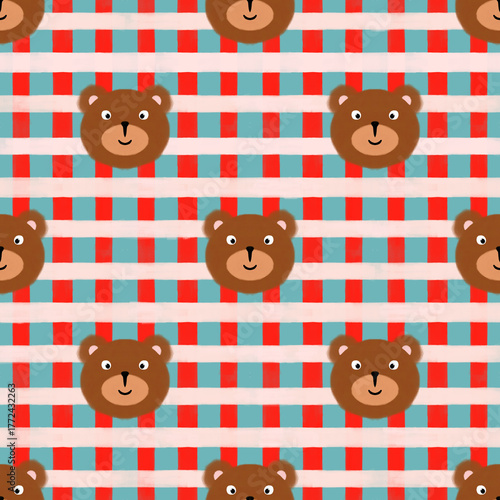 Seamless pattern with cute bear head on checkered background, kids geometric illustration.