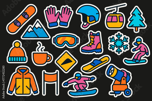 Colorful winter sports icons for snowboarding and skiing adventure