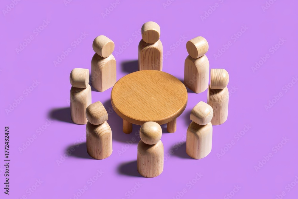 Obraz premium Wooden figures seated around a circular table, symbolizing discussion and teamwork
