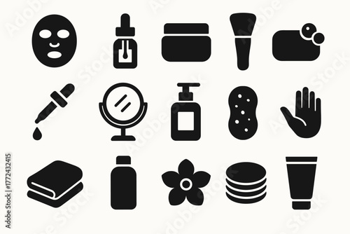 Essential beauty and skincare icons set for personal care and wellness