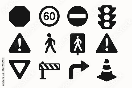 Modern traffic and road sign symbols for urban safety and navigation