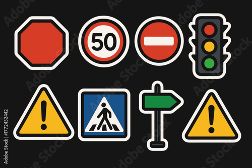 Colorful road sign set on black background with traffic and warning symbols