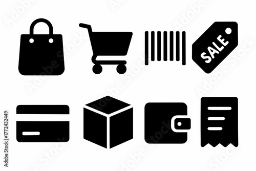 Shopping and retail icons set including bag, cart, barcode, and sale tag