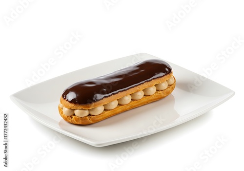 Delicious eclair dessert on white plate isolated against a clean background