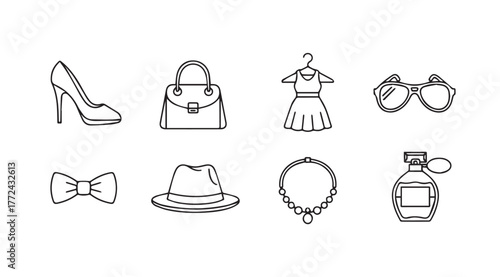 Fashion accessories collection high heel purse dress sunglasses bow tie hat necklace perfume bottle icons vector
