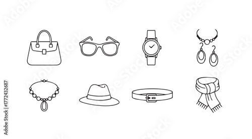 Collection of elegant fashion accessories including handbag glasses watch necklace and scarf vector