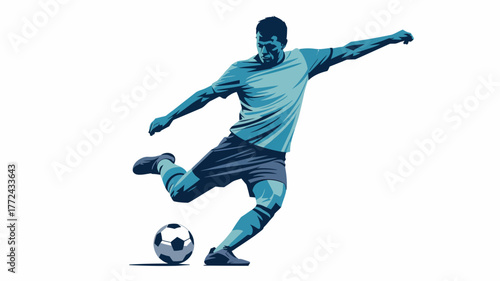 A stylized illustration of a soccer player kicking a ball on a white background in shades of blue