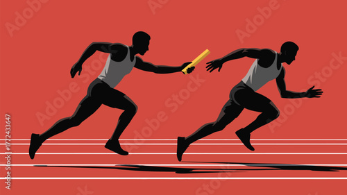 Two athletes passing a baton in a relay race on a red track with white lines in a vector illustration