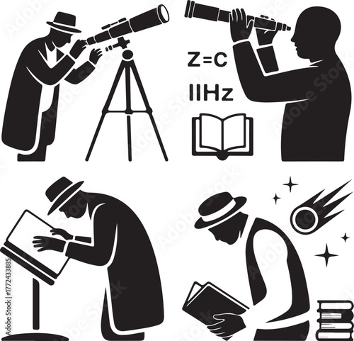 Astronomer Silhouette with Telescope, Science Book, Education Icon, Astrophisics Study