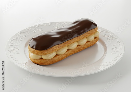Delicious eclair pastry on a decorative plate isolated on white background