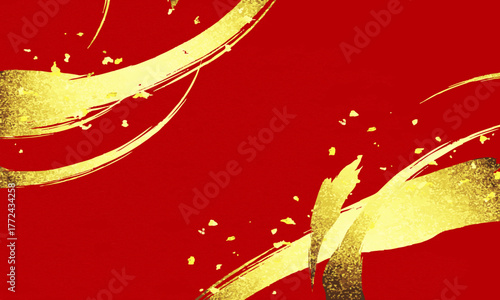 金色の筆書き曲線と赤い紙のテクスチャ背景。ベクターイラスト。