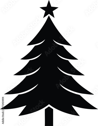 Silhouette of Evergreen Tree with Star Isolated on Transparent Background: Holiday Vector Graphic Illustration