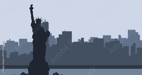 New York United States skyline. Vector Statue of Liberty. Trendy cityscape silhouette