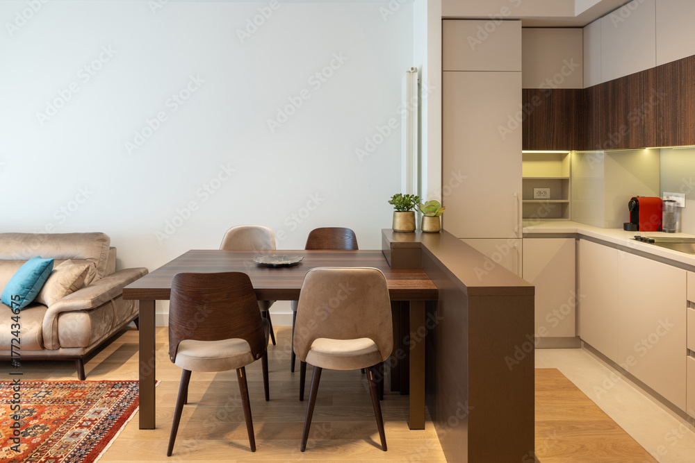 Fototapeta premium ontemporary apartment with open-plan kitchen and cozy dining corner