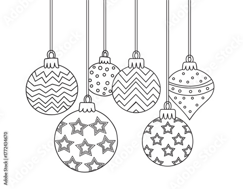 Dangled black and white baubles offer varied patterns and distinct shapes in a row, coloring pages, kids , coloring, pages