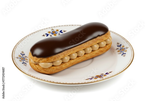 Delicious eclair with chocolate glaze on decorative plate against white background