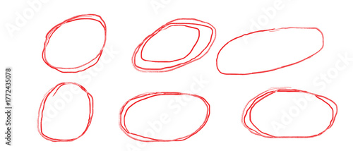 hand-drawn red ellipses sketch set with rough overlapping strokes in two rows isolated on white background for design, art, annotation, or abstract graphic elements in creative projects