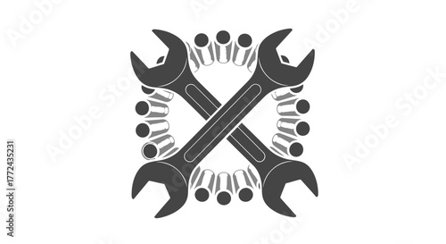 Two wrenches crossed in a circular arrangement of cylindrical objects.