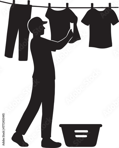Casual Man Doing Laundry with Clothesline Silhouette vector