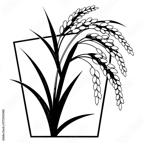 Black and White Rice Plant Vector Illustration. Agricultural Grain Crop Design.