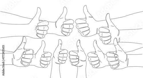 Multiple hands are shown giving a thumbs-up gesture in a symmetrical pattern.