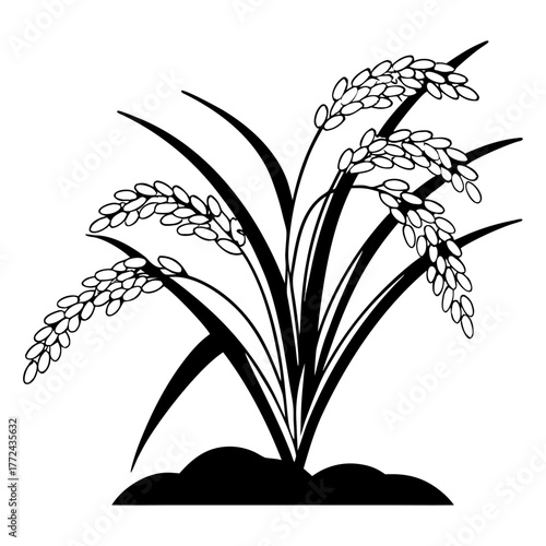 Black and White Rice Plant Vector Illustration. Agricultural Grain Crop Design.
