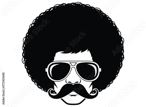 A person with a large afro hairstyle and sunglasses and a mustache is depicted in a stylized manner.