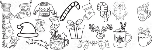 Christmas collection doodle art: A festive assortment of Christmas doodles, featuring socks, sweater, candy cane, bell and gift box and ornaments, conveying the cheer and spirit of the holiday season.