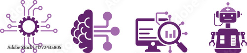 Artificial Intelligence and Technology icon set showing AI, robotics, data, and innovation concepts. Perfect for digital, tech, and smart system projects..