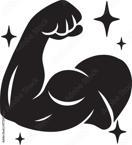 muscular arm flexing with stars around silhouette vector