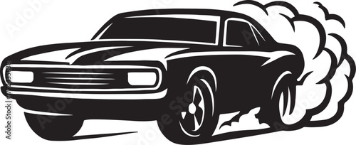 muscle car speeding with tire smoke in black and white silhouette vector