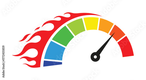 Speedometer with flames indicating high performance and fast speed.