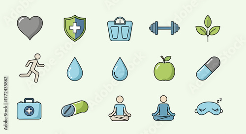 A vibrant and comprehensive collection of line art icons symbolizing various aspects of health, fitness, wellness, and a balanced lifestyle, perfect for digital design and educational resources