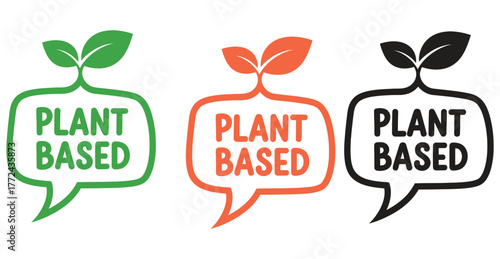 Three plant-based speech bubble icons are shown in green, orange, and black.
