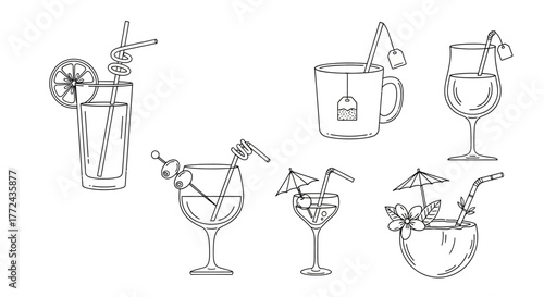 Doodle-style illustration set of various refreshing beverages. Includes a tropical coconut drink, cocktail, wine, tea, and lemonade in line art