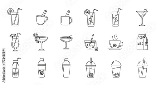 Set of various beverage icons including cocktails, coffee, tea, and milk, presented in a clean outline style for digital and print design use