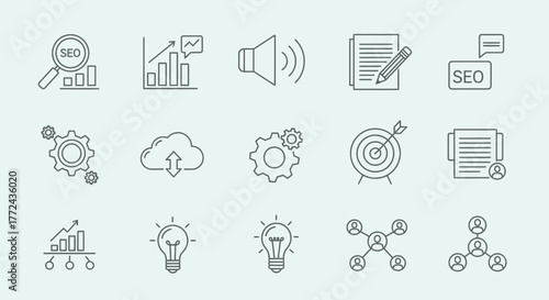 A versatile collection of thin line icons illustrating business strategy concepts, including SEO, data analysis, innovation, and networking graphics