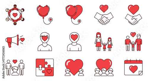 Charity and volunteering icon set illustrating concepts of community support, love, social responsibility, and donation