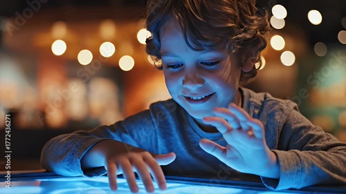 Young Boy Interacting with Illuminated Table Display in Blurred Environment