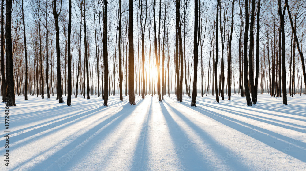 Naklejka premium Winter forest with bare trees and long shadows in sunlight