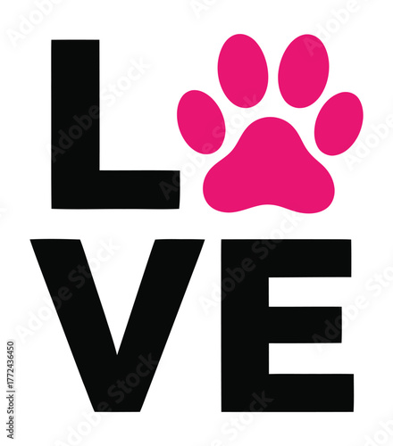 The word LOVE is spelled out with a pink paw print replacing the letter O.