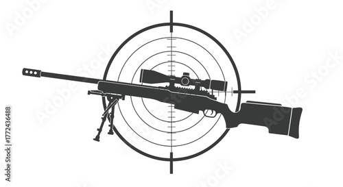 A sniper rifle with a scope is viewed through a target reticle.